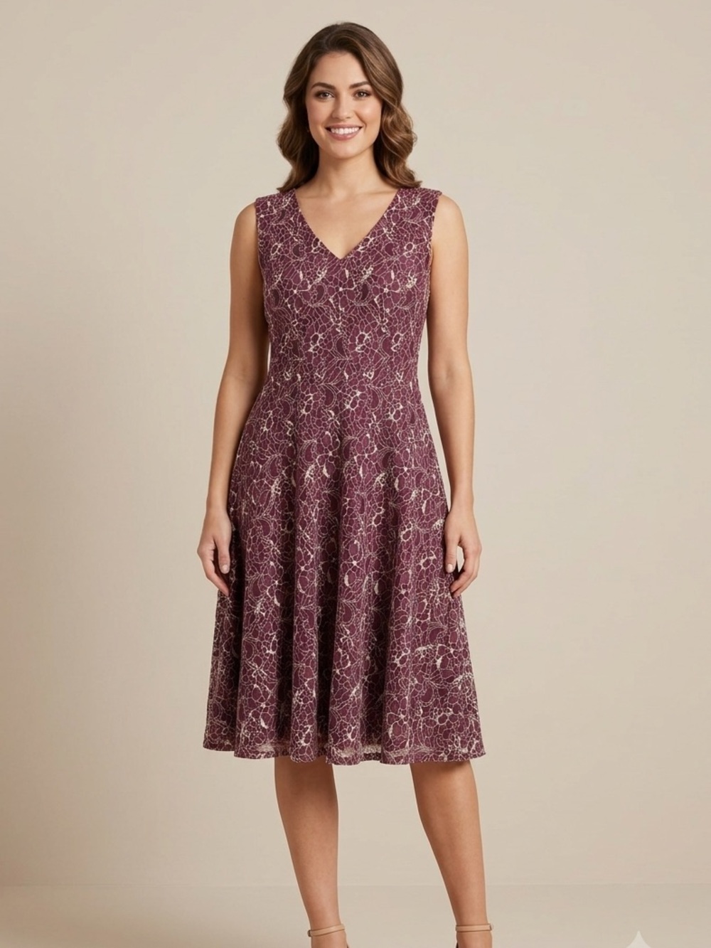 London Times Burgundy Floral Lace V-Neck A-Line Dress